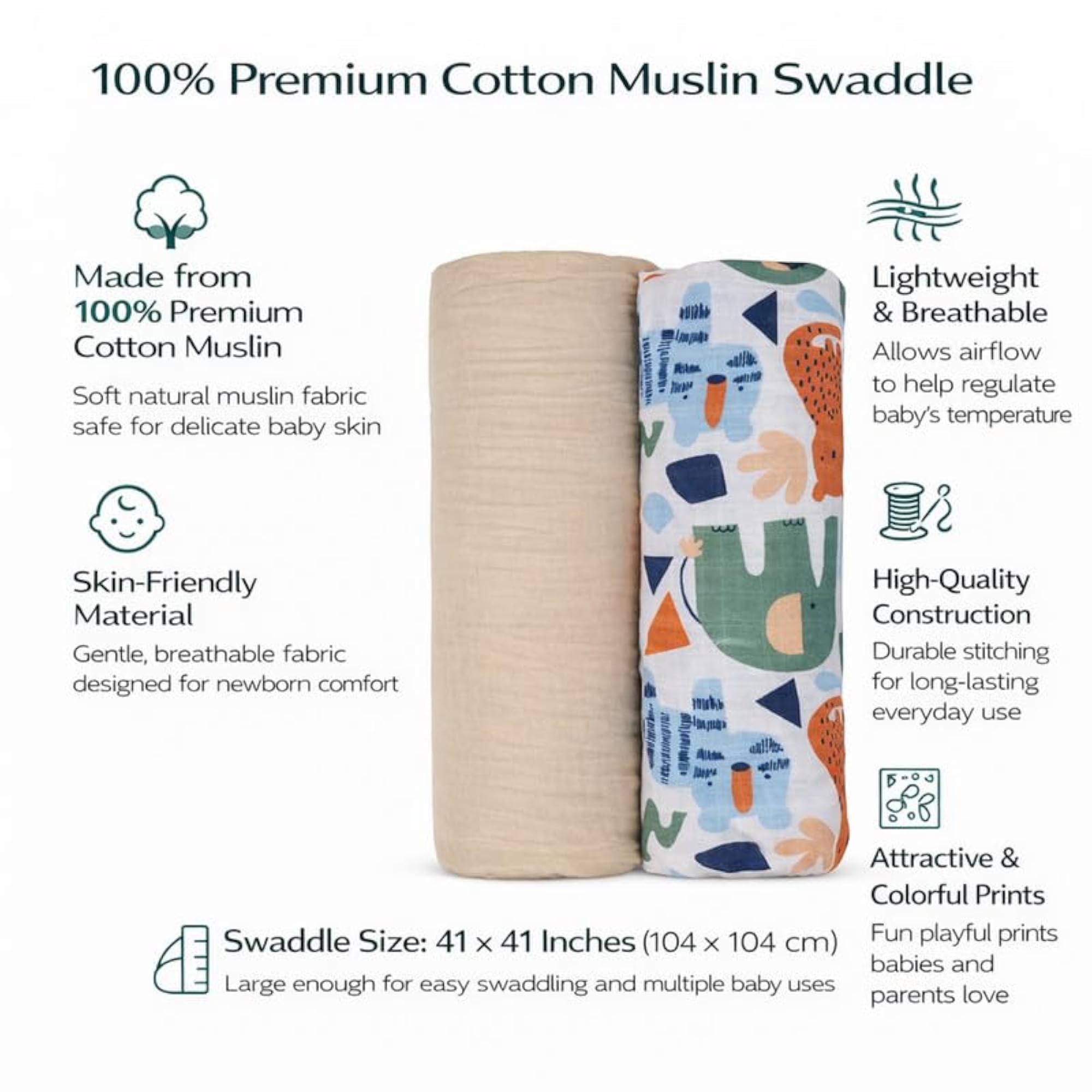 Muslin Swaddle Blanket Set (2 Pack) - Animal Print & Oatmeal